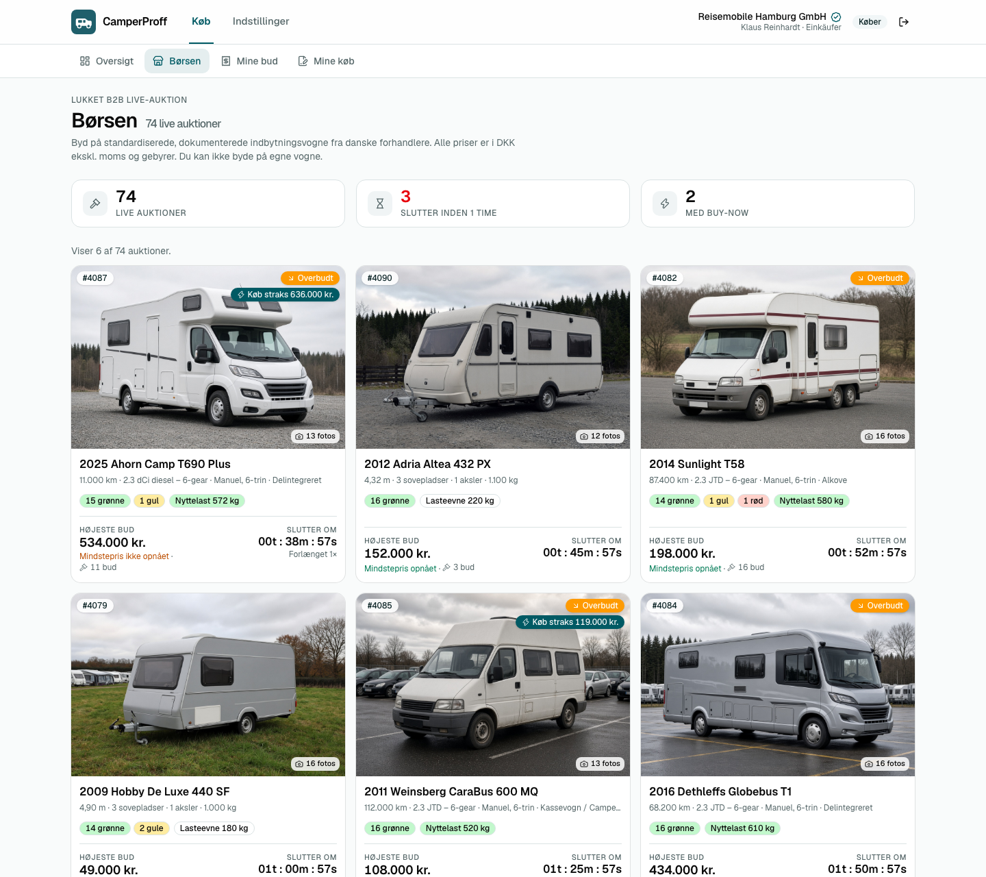 Die Börse in der CamperProff-App mit Fahrzeugkarten, Sofortkauf und Countdown. Demonstrationsbildschirm, kein Live-Bestand.