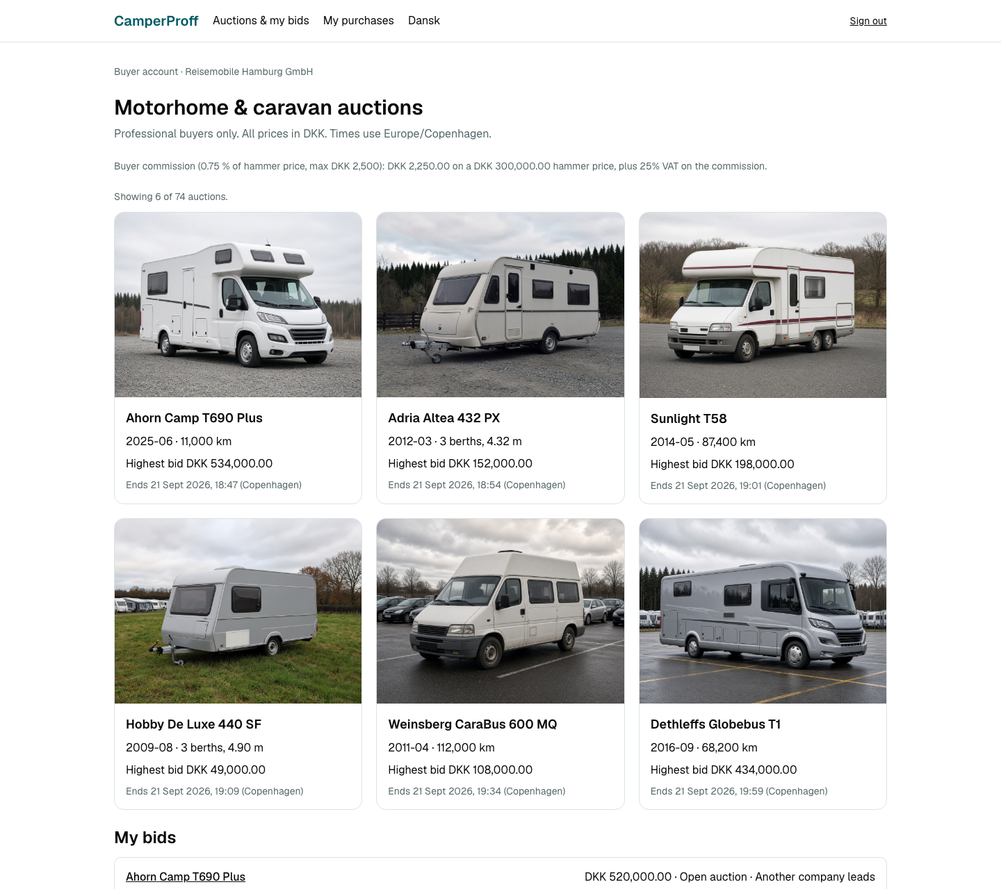 Käuferübersicht in der CamperProff-App. Demonstrationsbildschirm, kein öffentlicher Katalog.