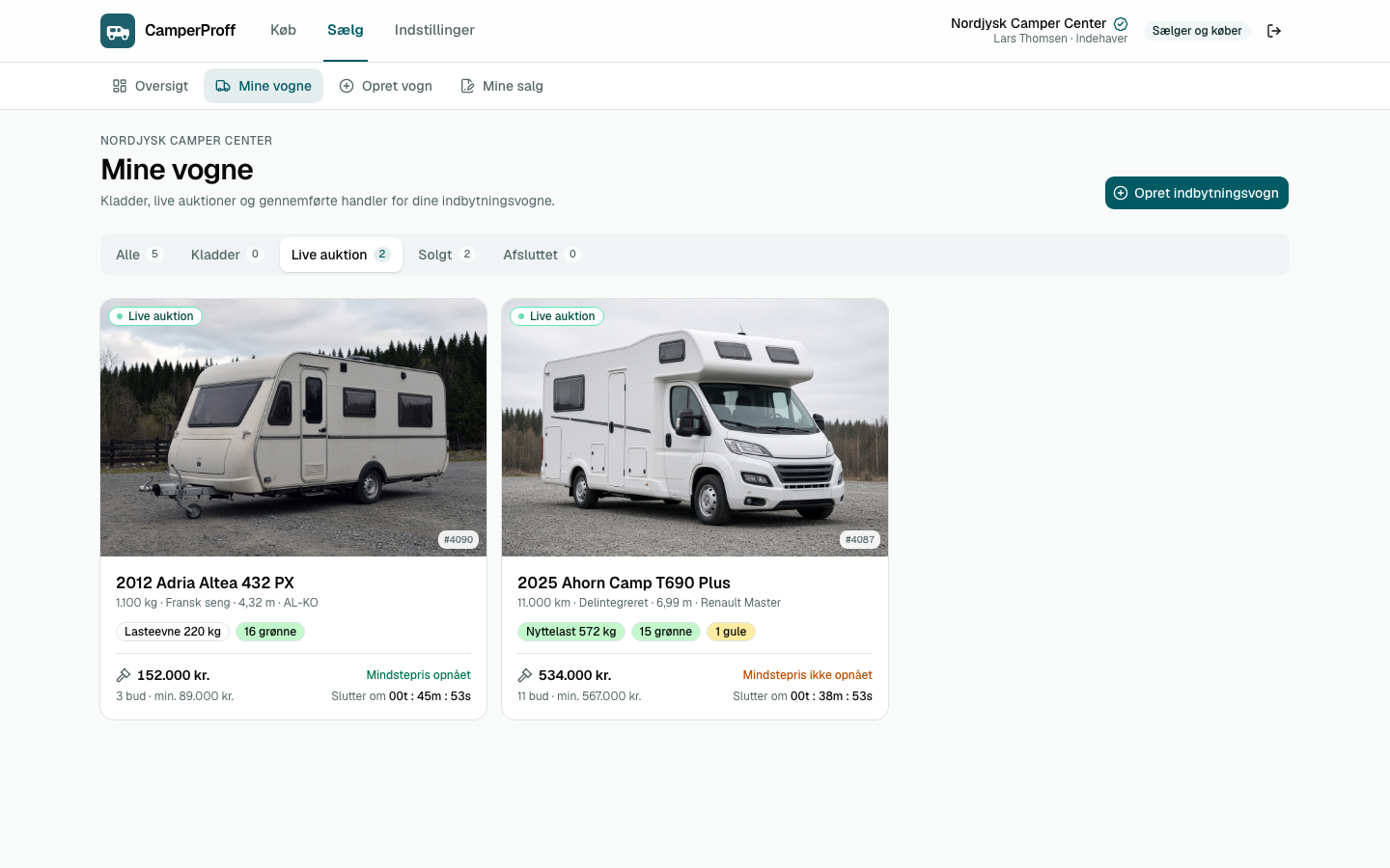Verkäuferliste in der CamperProff-App. Demonstrationsbildschirm, kein Live-Bestand.